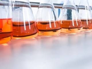 The Erlenmeyer or Conical flask on bench laboratory, with gradient solvent for analysis...