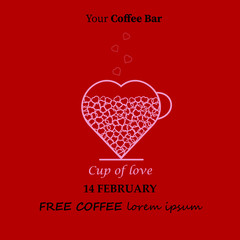 Valentines Day flyer invitation for coffee bars and clubs. Cup from heart is filled of hearts and lettering Cup of love on red background. Design for cards, banners, promotional materials, posters