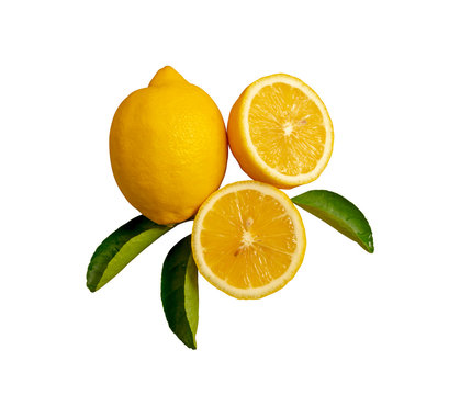 Top view image, Fresh yellow ripe lemon round fruit and half sliced fruits with green leaf on brown wooden table and copy space