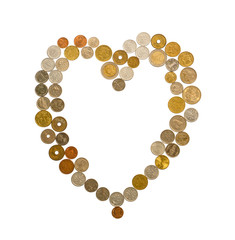 International cash including European, Hongkong, Malaysia, and Thai money, they are golden, silver and bronze coins collocate in a heart shape isolated on white background with clipping path