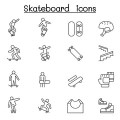 Skateboard icon set in thin line style © Puckung