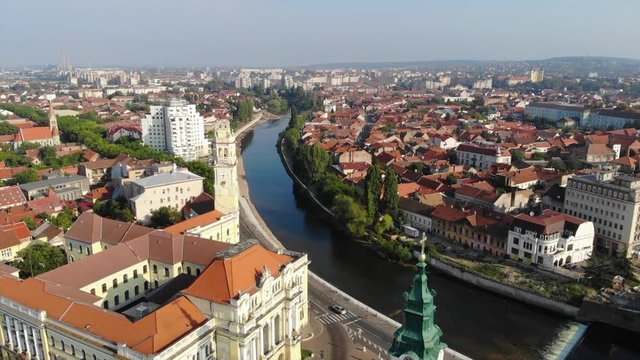 Drone Aerial of Oradea Romania Square medieval city centre tower market