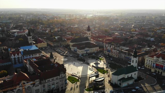 Drone Aerial of Oradea Romania Square medieval city centre tower market