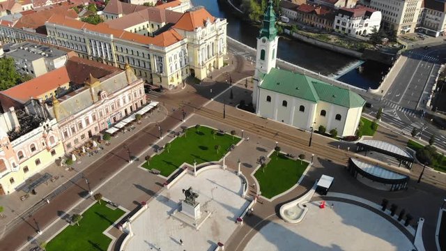 Drone Aerial of Oradea Romania Square medieval city centre tower market