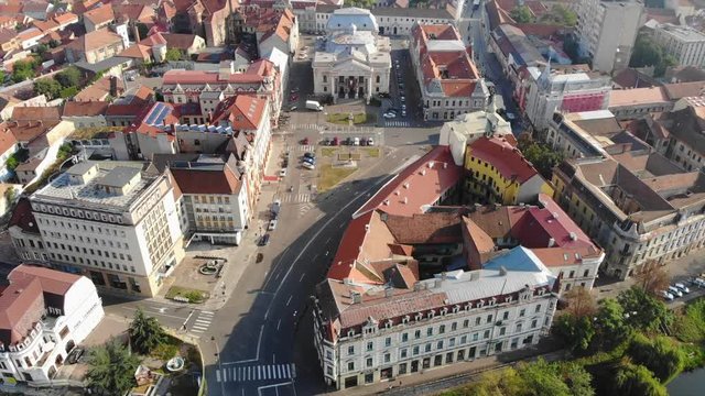 Drone Aerial of Oradea Romania Square medieval city centre tower market