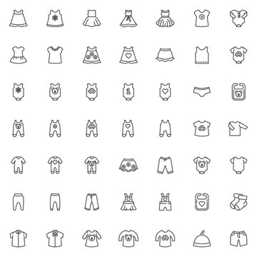 Baby clothing line icons set. Infant clothes linear style symbols collection, outline signs pack. vector graphics. Set includes icons as newborn baby bodysuit, romper jumpsuit, bib, dress, shirts