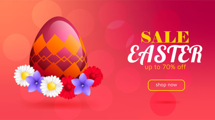 Easter discount banner with daisies gerberas and other flowers and a painted egg on a light blurred background. vector
