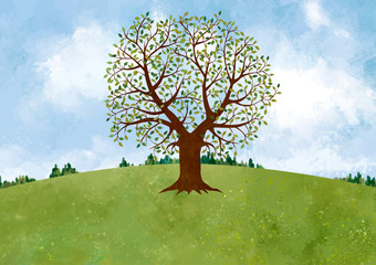 風景 水彩 水彩画 背景 背景素材 風景 にじみ 丘 草原 野原 春 夏 秋 冬 原っぱ 高原 森 Wall Mural Okaka08