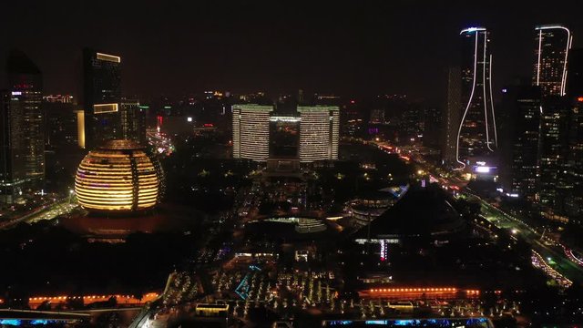Aerial China Hangzhou Waterfront Intercontinental September 2019 Night 4K Mavic Pro  Aerial video of Hangzhou China Waterfront and Intercontinental hotel at night during the 70th anniversary celebrati