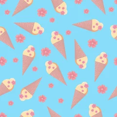 Foto auf Leinwand Cute seamless pattern with ice cream and sakura flowers. background for textile, wallpaper, wrapping, fabric. © Yulia Mei