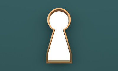The golden keyhole window overlooks the White blank space on pastel green walls. Concepts of ​​a blank white space in golden keyhole. Isolated on pastel green background, illustration, 3D rendering.