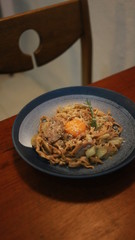 Yakisoba Pasta topped with yolk egg