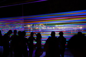 Silhouette Crowd of People Standing Outdoor in Front of Installation from Tensioned Neon Glowing...