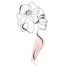 One line drawing abstract woman face with flower in her hair. Continuous line art female portrait. Modern minimalism, aesthetic contour. Vector beauty illustration - 321396725