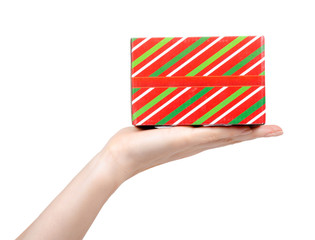 Red gift box, green stipes, Isolated on white.