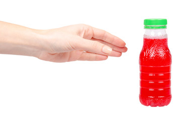 Red juice in plastic bottle. Isolated on white.
