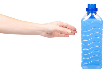 Blue laundry softener in plastic bottle. Isolated on white.