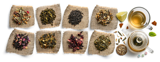 Large assortment of tea on a white background. The view from the top