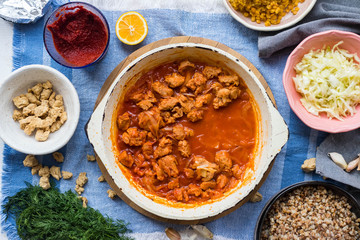 Soy meat, soya chunks, dry texturized vegan protein substitute of meat. Vegetables protein from soybeans and tomato paste. 