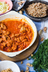 Soy meat, soya chunks, dry texturized vegan protein substitute of meat. Vegetables protein from soybeans and tomato paste. 