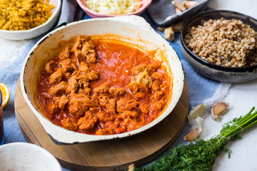 Soy meat, soya chunks, dry texturized vegan protein substitute of meat. Vegetables protein from soybeans and tomato paste. 