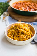 Lentil cooked porridge beans. Traditional Indian food. Masoor dal asian beans.