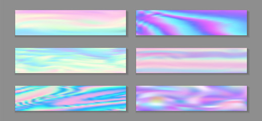 Hologram modern banner horizontal fluid gradient unicorn backgrounds vector set. Pearlecent neon 