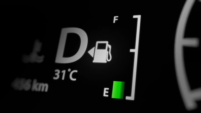 Digital Fuel Meter Empty Animation With Empty Fuel Warning Light on Car Dashboard, Dark Background