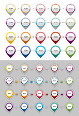 Polka-shaped icons for writing text.Button icons for various colors for writing.Diagram icons in different colors.