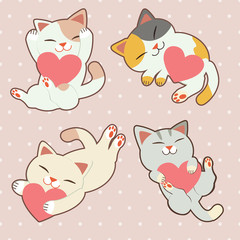 The collection of cute cat with heart in valentines theme set. The characer of cute cat holding a heart pillow in the pink background with polka dot. The character of cute cat in flat vector style.