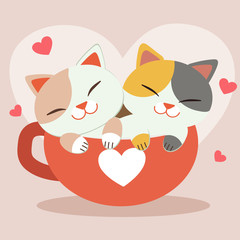 The character of cute cat sitting in the big cup with heart in the pink background. The couple love of cute cat sitting in the red cup. The character of cute cat in flat vector style.