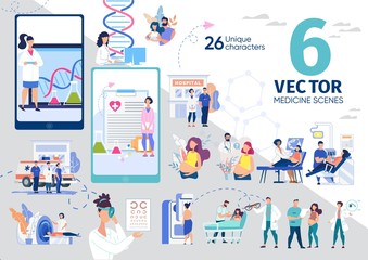 Healthy Pregnancy, Diseases Diagnostic Technologies, Medical Laboratory, Pharmacy Mobile Applications Trendy Flat Vector Scenes, Concepts Set. Pregnant Woman, Clinic Personnel Characters Illustrations
