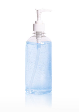 Blue Alcohol Gel Clean Hand Sanitizer In Pump Bottle Isolate On White Background Clipping Path