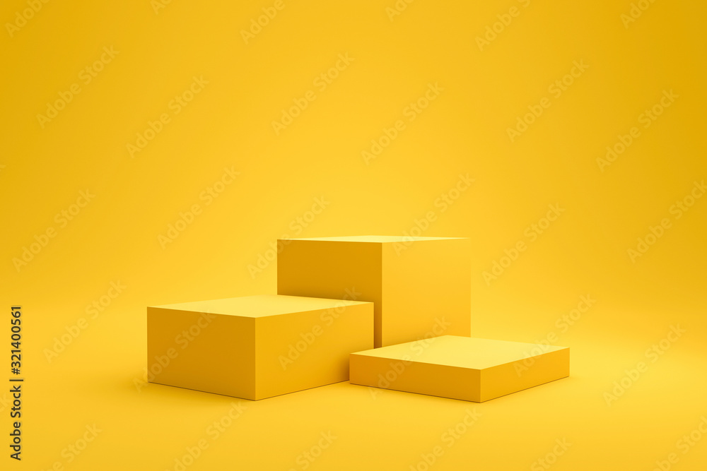 Poster Yellow podium shelf or empty pedestal display on vivid fashion summer background with minimal style. Blank stand for showing product. 3D rendering.