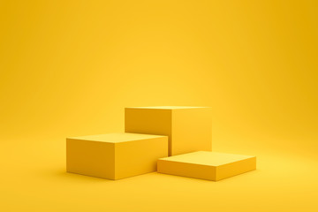 Yellow podium shelf or empty pedestal display on vivid fashion summer background with minimal style. Blank stand for showing product. 3D rendering. - obrazy, fototapety, plakaty