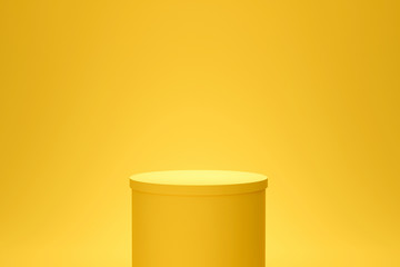 Yellow podium shelf or empty pedestal display on vivid fashion summer background with minimal...