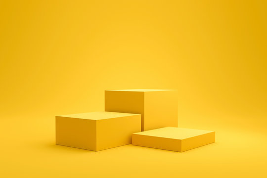 Yellow Podium Shelf Or Empty Pedestal Display On Vivid Fashion Summer Background With Minimal Style. Blank Stand For Showing Product. 3D Rendering.