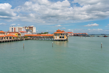 The Church Street Pier and behind them the Swettenham Pier, both attractions of the Port of Penang in the capital George Town in the north of Malaysia