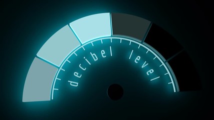 A device for measuring the sound intensity in decibels. Infographic gauge element. Isometric neon shine level scale.