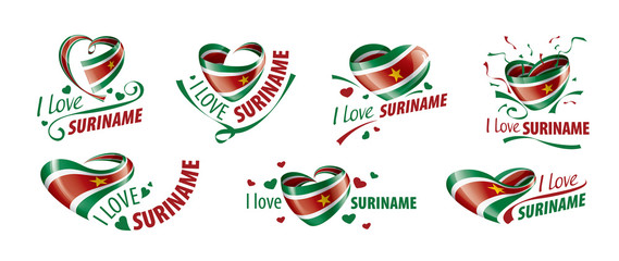 National flag of the Suriname in the shape of a heart and the inscription I love Suriname. Vector illustration