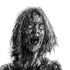 Screaming zombie woman face on white background