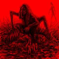 Scary zombie woman sits and eats on red background