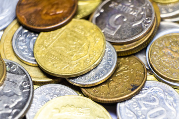Old different coins close up. Macro photo