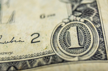 Element of an old American dollar bill close up. Macro photo