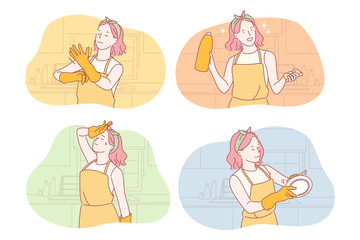 Fototapeta na wymiar Housemaid or housekeeper set concept, Young woman housemaid does cleaning in kitchen. Girl housekeeper wiping plate thoroughly. Exhausted housewife wipes sweat out of forehead. Simple flat vector