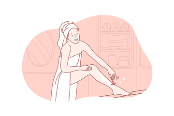 Beauty, skincare, depilation concept. Young cheerful woman in towel on body and head does depilation. Skincare makes people beautiful. Happy girl shaves legs in bathroom. Simple flat vector
