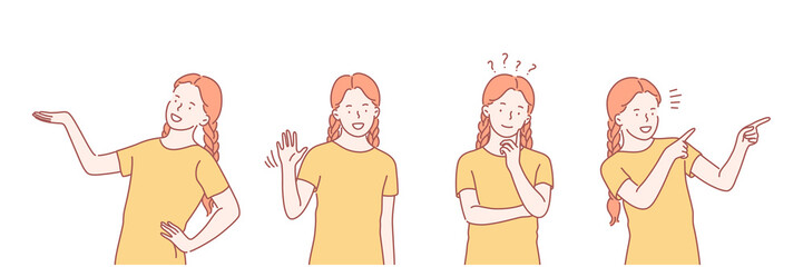 Promotion, greeting, thinking, showing set concept. Happy girl is giving promotion or proposal. Child is greeting with hand. Pensive kid is dreaming or thinking about problem. Simple flat vector