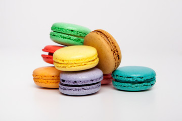 Sweet and colourful macaroons or macaron on white background, Desert.