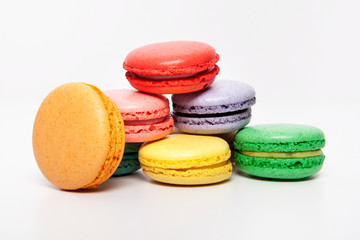 Sweet and colourful macaroons or macaron on white background, Desert.