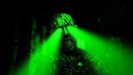 Dark zombie with green rays from the eyes in dungeon. Green color.